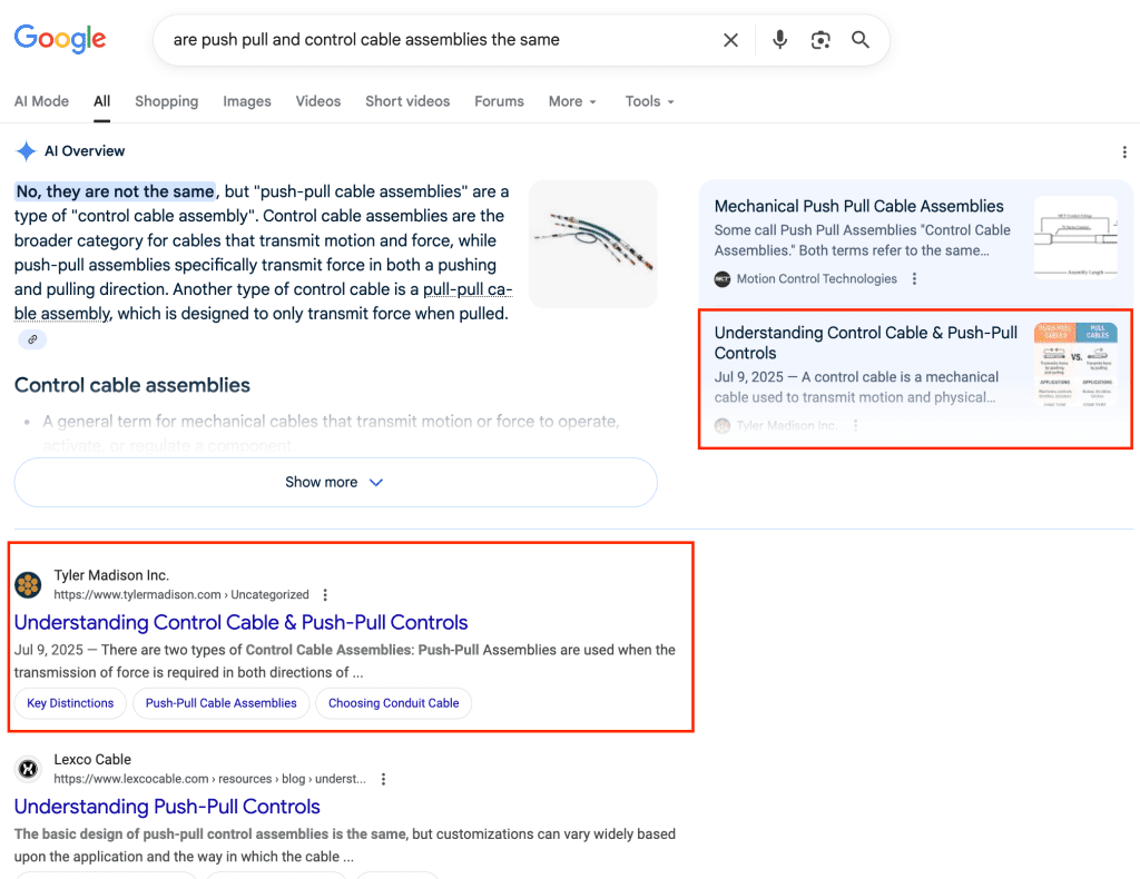 Google AI Overview for "are push pull and control cable assemblies the same" citing Tyler Madison as a source, with Tyler Madison also ranking number one organic below.