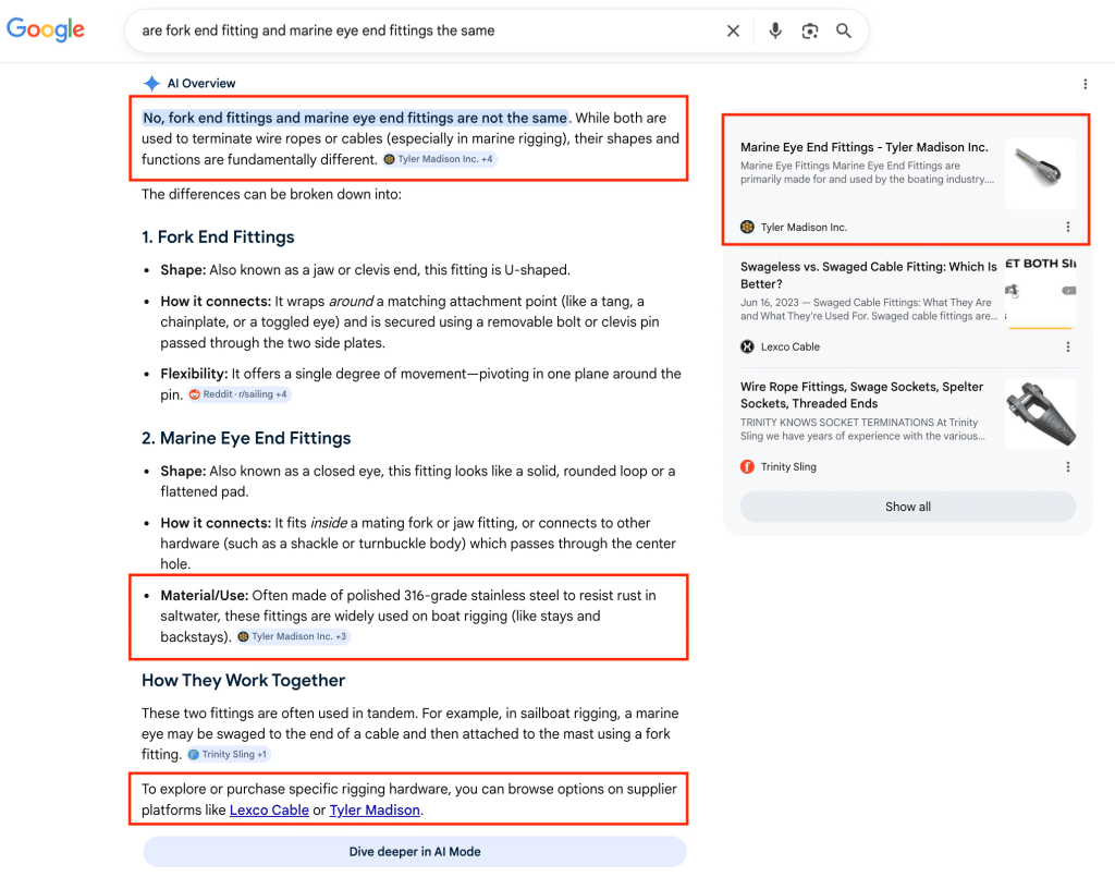 Google AI Overview for "are fork end fitting and marine eye end fittings the same" citing Tyler Madison 4 times and naming Tyler Madison as a supplier to browse.